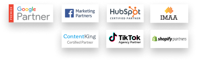 Google Partner, ContentKing Certified Parterner, Marketing Partners, HubSpot Certified Partners, TikTok Agency Partner, IMAA, shopify partners