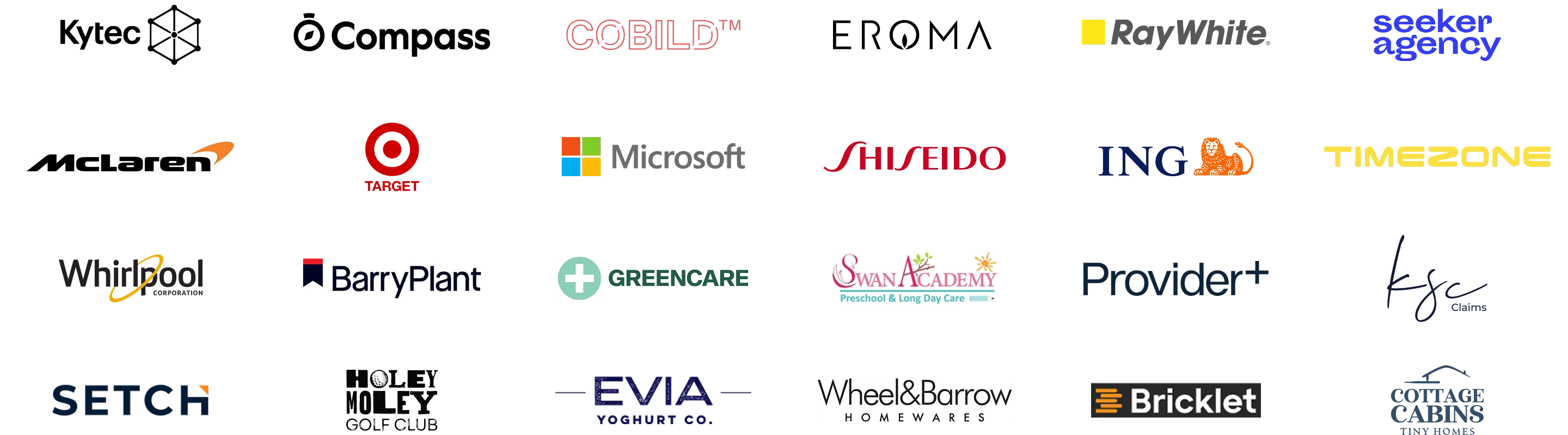 Client logos including Kytec, Compass, Cobild, Eroma, RayWhite, Seeker Agency, McLaren, Target, Microsoft, Shiseido, ING, Timezone, Whirlpool, Barry Plant, Greencare, Swan Academy, Setch, Holey Moley Golf Club, Evia Yoghurt Co., Wheel & Barrow Homewares, Bricklet and Cottage Cabins