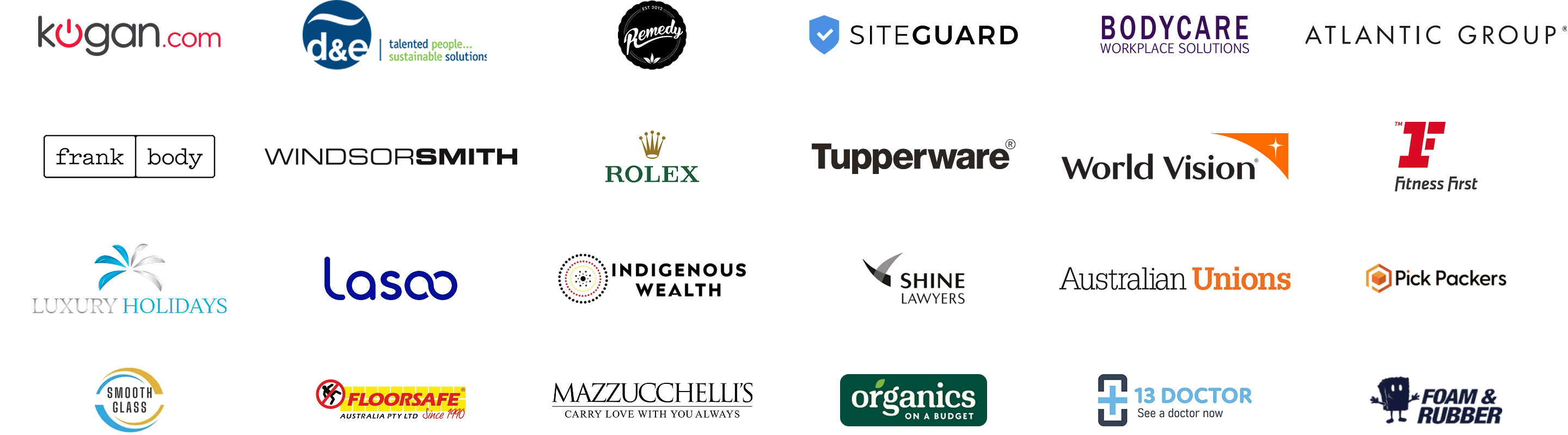 Client logos including Kogan, D&E, Remedy, SiteGuard, Bodycare, Atlantic Group, Frank Body, Windsor Smith, Rolex, Tupperware, World Vision, Fitness First, Luxury Holidays, Lasoo, Indigenous Wealth, Shine Lawyers, Australian Unions, Floorsafe, Mazzucchelli's, Organics on a Budget, 13 Doctor and Foam & Rubber