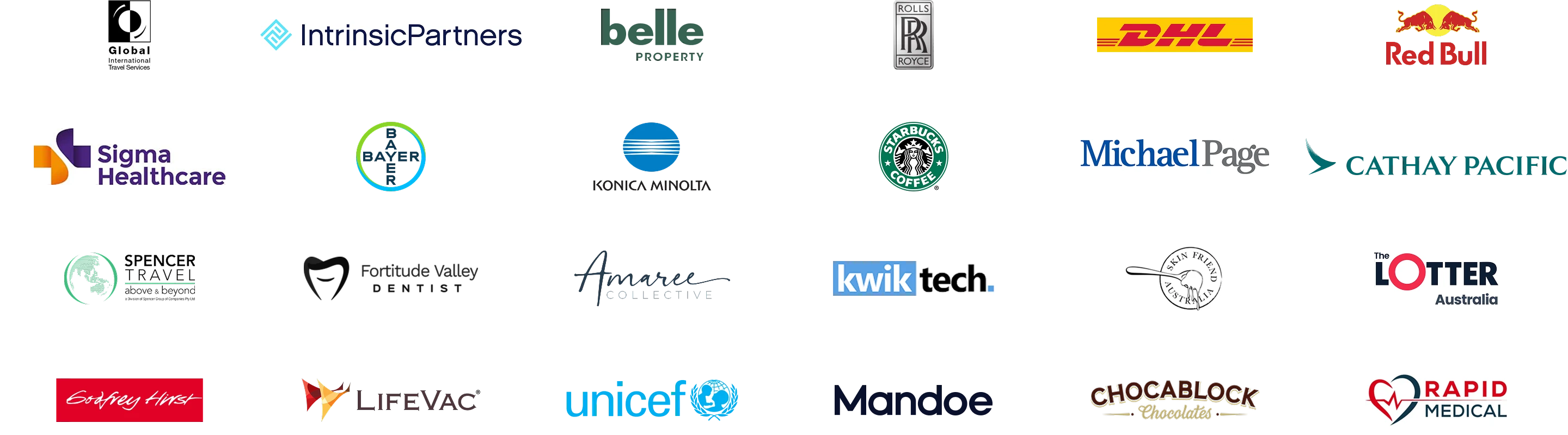 Client logos including Intrinsic Partners, Belle Property, Rolls Royce, DHL, Red Bull, Sigma Healthcare, Bayer, Konica Minolta, Starbucks, Michael Page, Cathay Pacific, Spencer Travel, Fortitude Valley Dentist, Kwiktech, Lotter Australia, Gatsby Hair, LifeVac, UNICEF, Mandoe, Chocablock and Rapid Medical