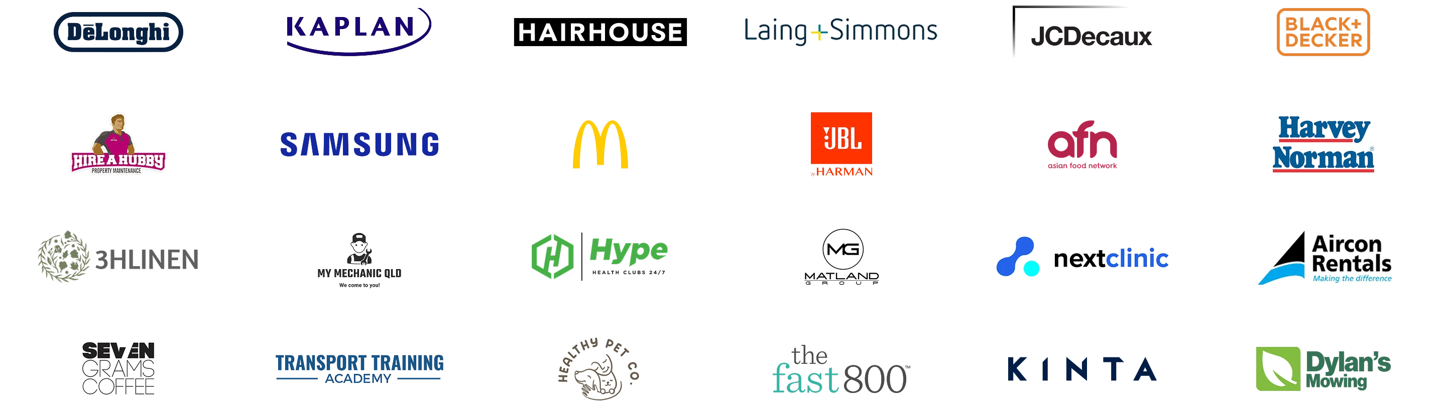 Client logos including DeLonghi, Kaplan, Hairhouse, Laing+Simmons, JCDecaux, Black+Decker, Hire a Hubby, Samsung, McDonald's, JBL Harman, Harvey Norman, My Mechanic QLD, Hype Health Club, Nextclinic, Aircon Rentals, Seven Grams Coffee, Transport Training Academy, The Fast 800, Kinta and Dylan's Mowing