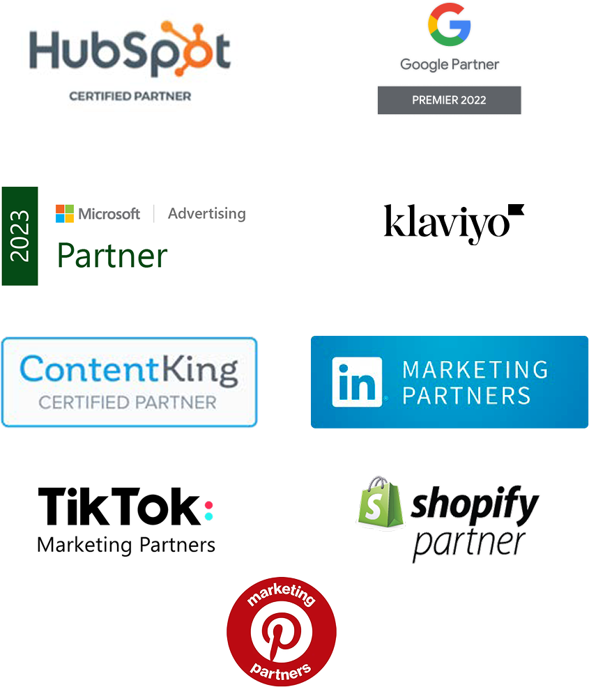 First Page Parters with Google, Meta, IMAA, LinkedIn, Tiktok, Shopify and Pinterest