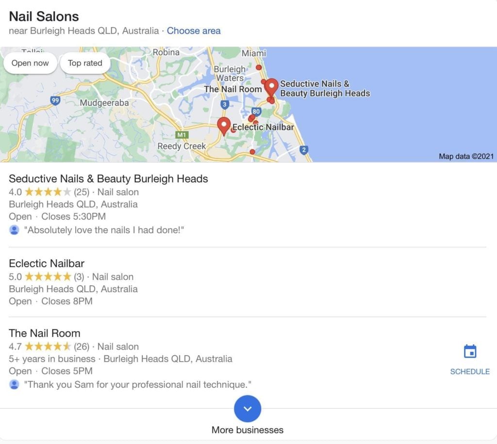 Google's search engine results page for local nail salons. 