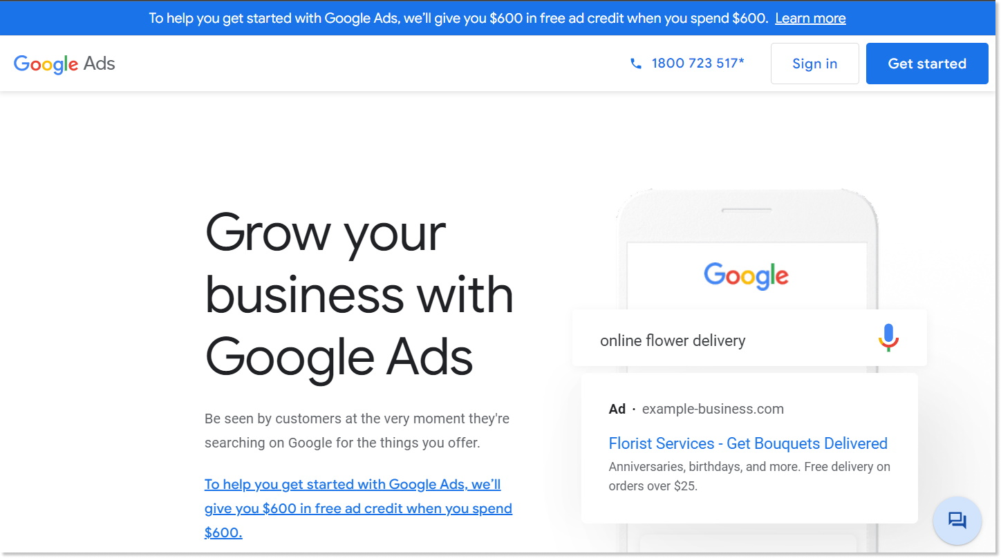 screenshot of google ads landing page