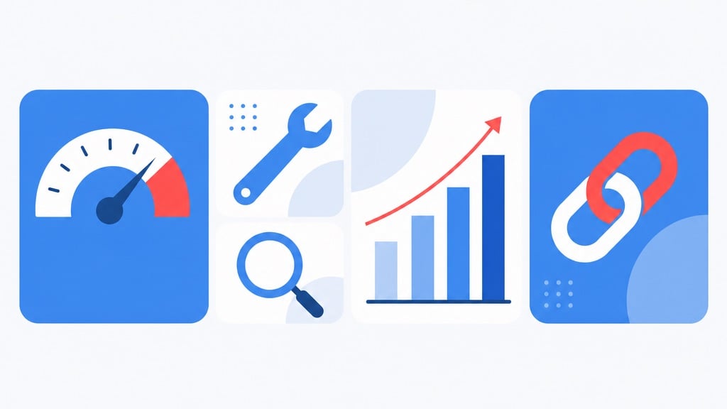 Grid of SEO tool icons including gauge, bar chart and magnifying glass